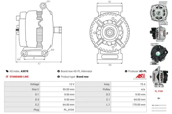 Generator alternator, Alfa Romeo, Fiat, Ford, Lancia, Opel, Suzuki, 265x189x186 mm, AS-PL A3078