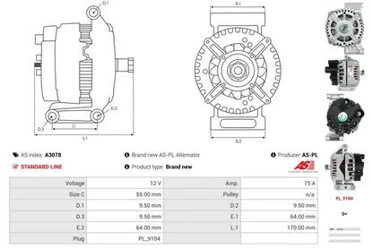 Generator alternator, Alfa Romeo, Fiat, Ford, Lancia, Opel, Suzuki, 265x189x186 mm, AS-PL A3078