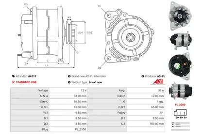 Generator alternator, Austin, Ford, Hillman, Innocenti, Jaguar, Land Rover, Lotus, Morris, Rover, Talbot, Triumph, Tvr, Opel, 259x186x184 mm, AS-PL...