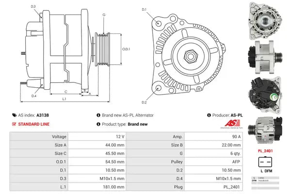 Generator alternator, Citroen, Fiat, Peugeot, 269x198x190 mm, AS-PL A3138