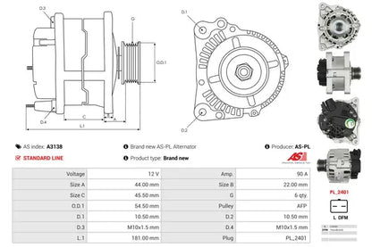 Generator alternator, Citroen, Fiat, Peugeot, 269x198x190 mm, AS-PL A3138