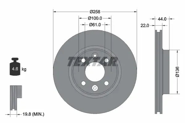 Disc frana, Renault, Dacia, Smart, Volvo Clio, Logan Mcv, Logan, Sandero, Twingo, Clio Iv Grandtour, Clio Iv Caseta, Ø258 mm, Textar 92255203