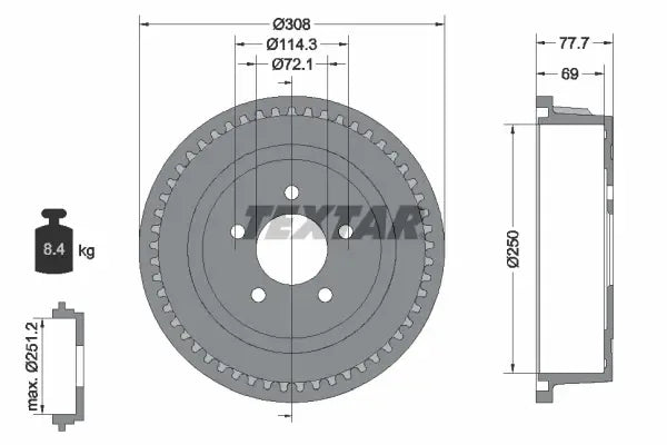 Tambur frana, Chrysler, Dodge, Plymouth Voyager, Grand Voyager, Caravan, Voyager Iii Van, Grand Voyager Iii Van, 374x370x106 mm, Textar 94028100