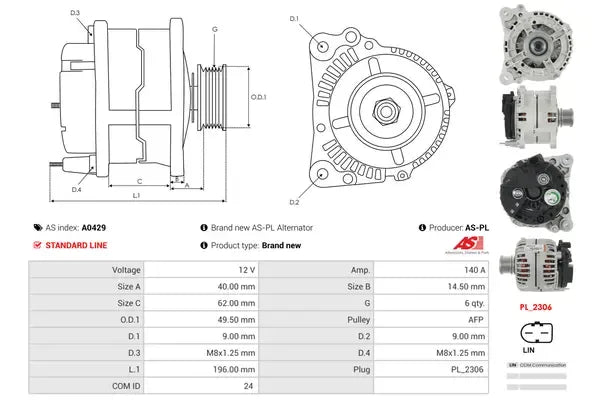 Generator alternator, Audi, Man, Peugeot, SEAT, Skoda, 257x186x186 mm, AS-PL A0429