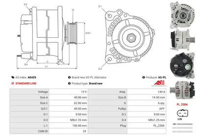 Generator alternator, Audi, Man, Peugeot, SEAT, Skoda, 257x186x186 mm, AS-PL A0429