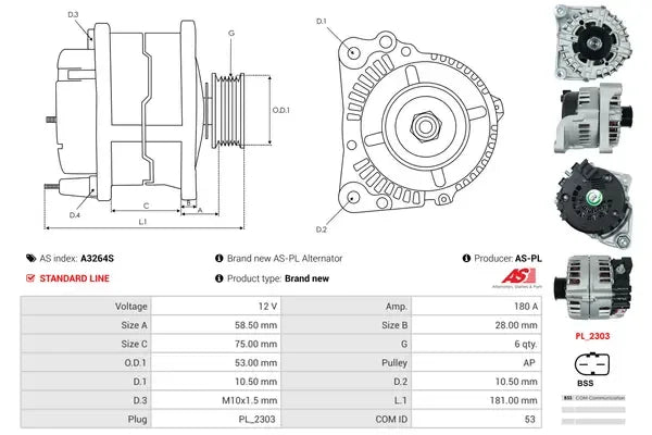Generator alternator, BMW, 270x194x191 mm, AS-PL A3264S