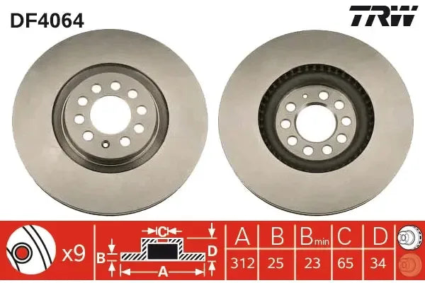 Disc frana, Volkswagen, SEAT, Audi, Skoda Leon, Polo V Caseta, Hatchback, Toledo, Tt, Golf, Tt Roadster, Golf Iv Variant, Ibiza, Ø312 mm, TRW DF4064