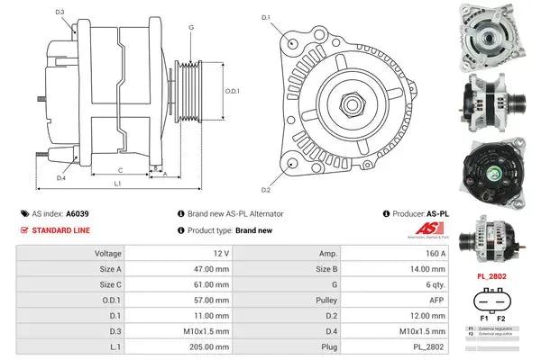 Generator alternator, Chrysler, 260x195x186 mm, AS-PL A6039