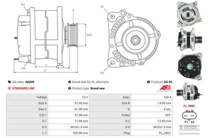 Generator alternator, Chrysler, 260x195x186 mm, AS-PL A6039