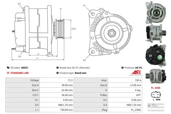 Generator alternator, Audi, Chrysler, Dodge, Ford, Jeep, Mitsubishi, SEAT, Skoda, 265x195x188 mm, AS-PL A0521