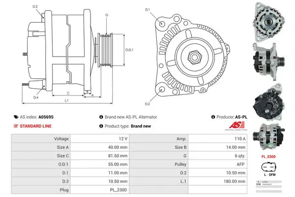 Generator alternator, Citroen, Fiat, Iveco, Peugeot, 261x190x182 mm, AS-PL A0569S