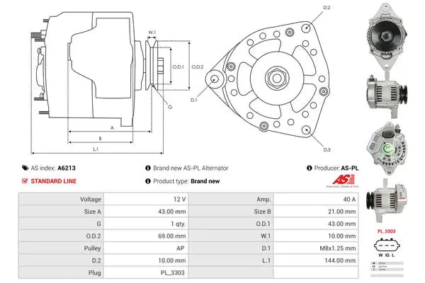 Generator alternator, 283x167x136 mm, AS-PL A6213