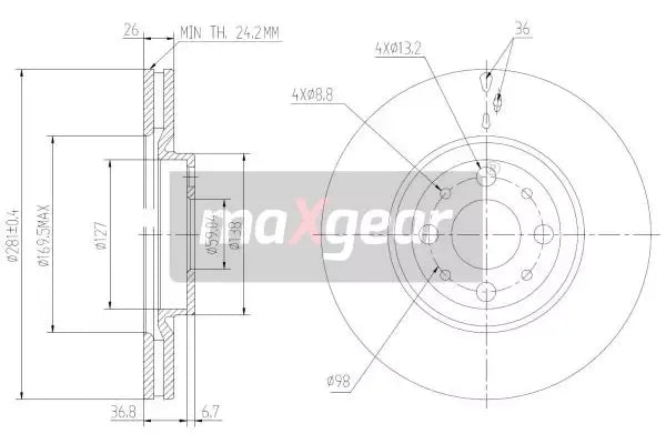 Disc frana, Alfa Romeo, Fiat, Lancia, Ø281 mm, Maxgear 192014