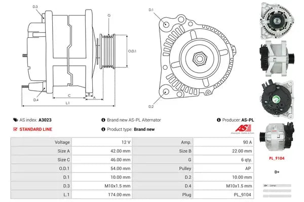 Generator alternator, Citroen, Dacia, Fiat, Lancia, Peugeot, Suzuki, 265x188x184 mm, AS-PL A3023