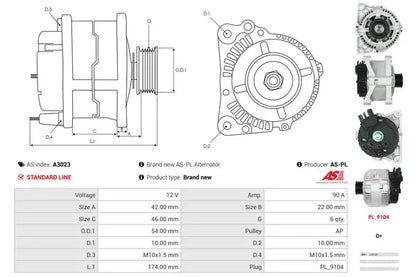 Generator alternator, Citroen, Dacia, Fiat, Lancia, Peugeot, Suzuki, 265x188x184 mm, AS-PL A3023