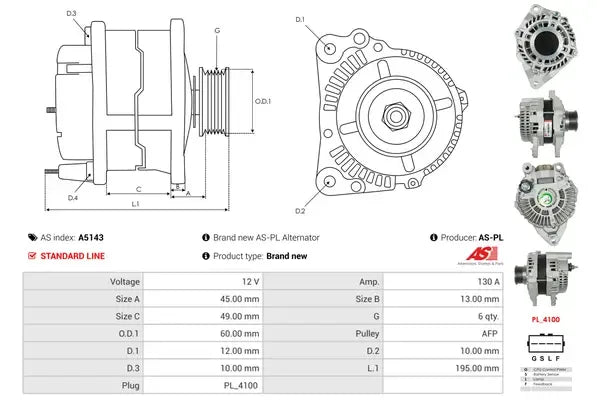 Generator alternator, Citroen, Mitsubishi, Peugeot, 265x188x184 mm, AS-PL A5143