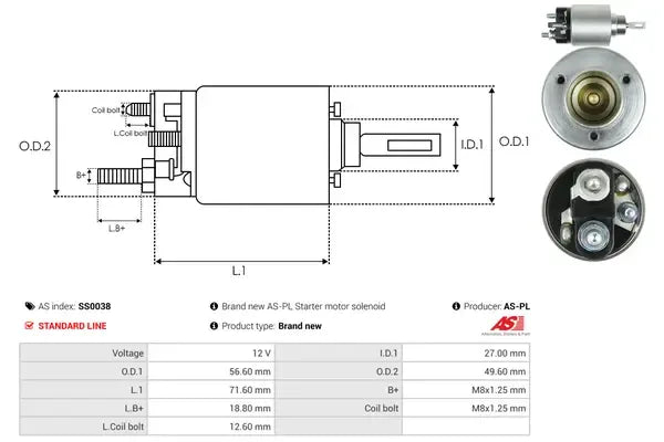 Solenoid electromotor, Chevrolet, Citroen, Daewoo, Isuzu, Mitsubishi, Opel, Peugeot, 185x72x70 mm, AS-PL SS0038
