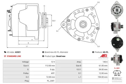Generator alternator, Chevrolet, Opel, Saab, 266x188x186 mm, AS-PL A3321