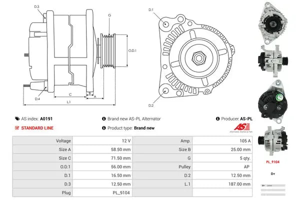 Generator alternator, Alfa Romeo, Fiat, Lancia, 272x200x186 mm, AS-PL A0191