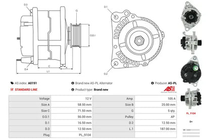 Generator alternator, Alfa Romeo, Fiat, Lancia, 272x200x186 mm, AS-PL A0191