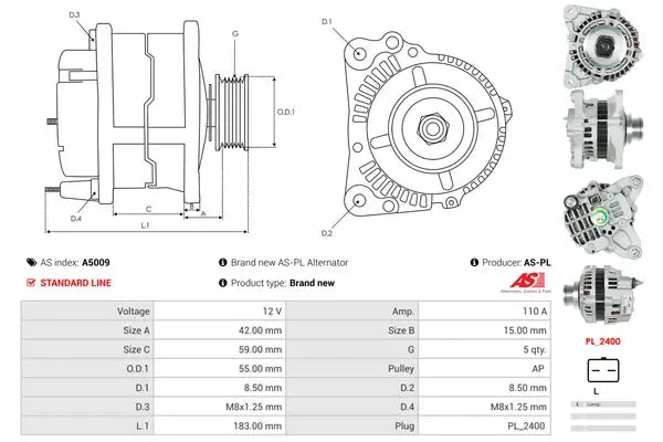 Generator alternator, Dacia, Nissan, Renault, 262x186x184 mm, AS-PL A5009