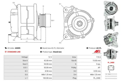Generator alternator, Dacia, Nissan, Renault, 262x186x184 mm, AS-PL A5009