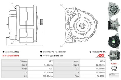 Generator alternator, Citroen, Fiat, Iveco, Mercedes-Benz, Peugeot, 259x196x186 mm, AS-PL A0150