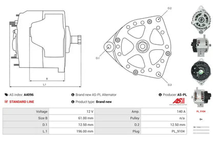 Generator alternator, Alfa Romeo, Fiat, Lancia, Opel, Suzuki, 268x187x184 mm, AS-PL A4096