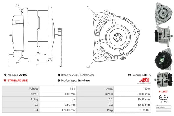 Generator alternator, Citroen, Fiat, Peugeot, 267x192x184 mm, AS-PL A0496
