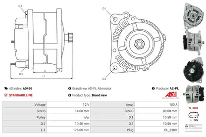 Generator alternator, Citroen, Fiat, Peugeot, 267x192x184 mm, AS-PL A0496