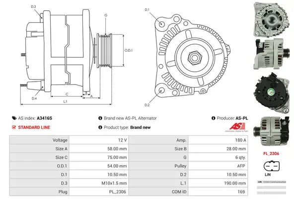 Generator alternator, BMW, 261x194x186 mm, AS-PL A3416S