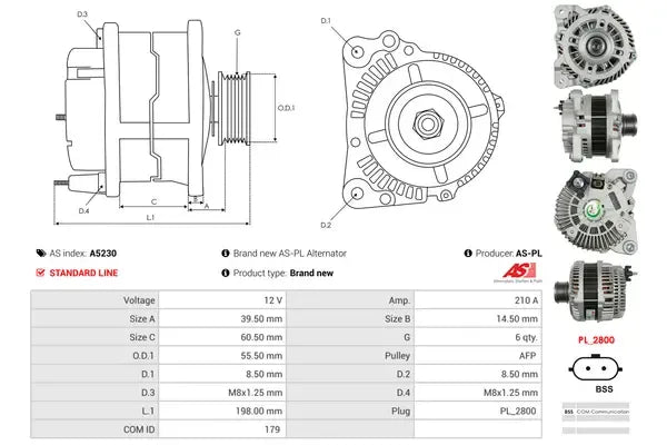Generator alternator, Dacia, Mercedes-Benz, Renault, 260x187x184 mm, AS-PL A5230
