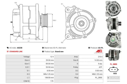 Generator alternator, Dacia, Mercedes-Benz, Renault, 260x187x184 mm, AS-PL A5230