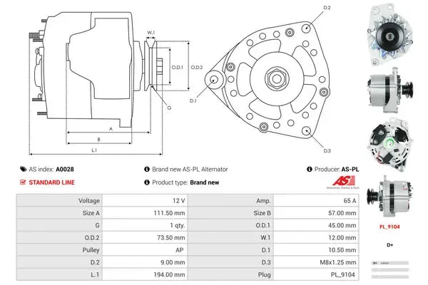 Generator alternator, Audi, SEAT, Skoda, 262x187x186 mm, AS-PL A0028