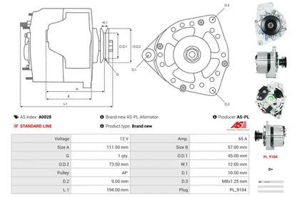Generator alternator, Audi, SEAT, Skoda, 262x187x186 mm, AS-PL A0028