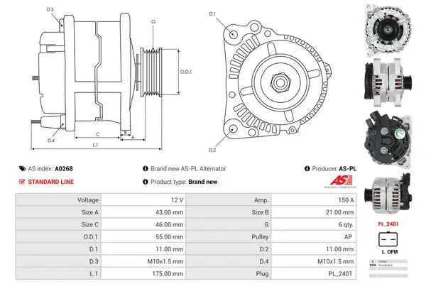 Generator alternator, Citroen, Fiat, Lancia, Peugeot, Renault, Suzuki, Toyota, 233x200x193 mm, AS-PL A0268