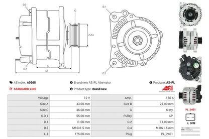 Generator alternator, Citroen, Fiat, Lancia, Peugeot, Renault, Suzuki, Toyota, 233x200x193 mm, AS-PL A0268