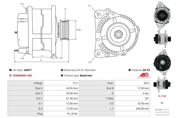 Generator alternator, Alfa Romeo, Fiat, Lancia, 269x188x187 mm, AS-PL A4017