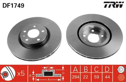 Disc frana, Alfa Romeo, Fiat, Opel, Lancia 156 Sportwagon, 156, 147, Doblo Cargo, Doblo Bus, Doblo Platou, Sasiu, Ø284 mm, TRW DF1749