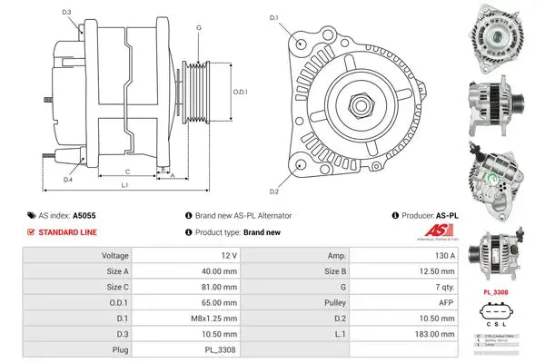 Generator alternator, Fiat, Nissan, Renault Trucks, 263x198x182 mm, AS-PL A5055