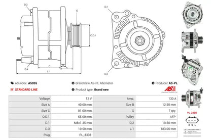 Generator alternator, Fiat, Nissan, Renault Trucks, 263x198x182 mm, AS-PL A5055
