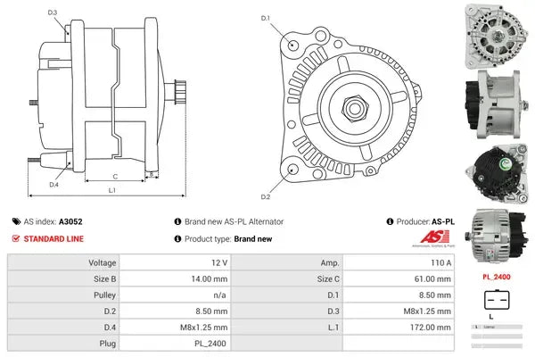 Generator alternator, Citroen, Dacia, Fiat, Nissan, Peugeot, Renault, 267x188x188 mm, AS-PL A3052