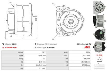 Generator alternator, Citroen, Dacia, Fiat, Nissan, Peugeot, Renault, 267x188x188 mm, AS-PL A3052
