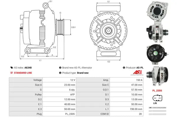 Generator alternator, Jaguar, 268x193x182 mm, AS-PL A6348
