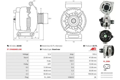 Generator alternator, Jaguar, 268x193x182 mm, AS-PL A6348